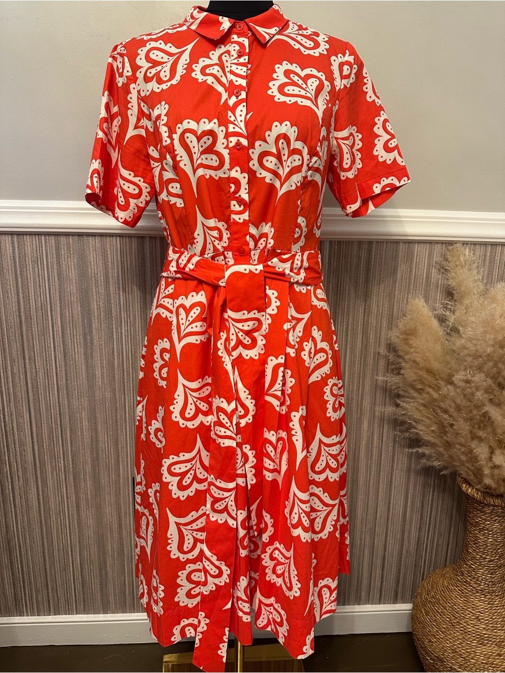 Boden Red Cream Floral Belted Shirt Dress 10R Cotton Stretch Retro Midi